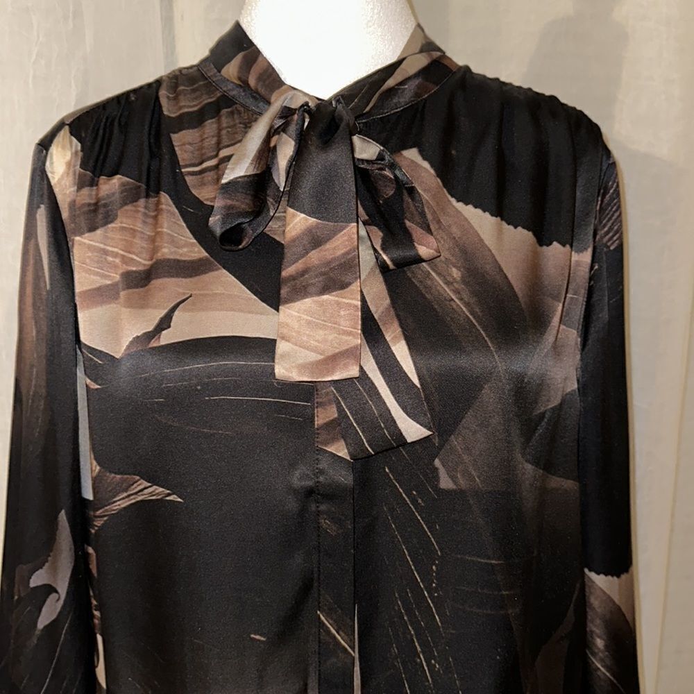All Saints Black Satin Abstract Floral Tie-Neck Blouse with Bronze Accents - Picture 13 of 16